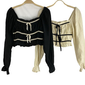 Thirty Thirty Milkmaid Cropped Top Women S Lot of 2 Black Cream Smocked Boho NWT